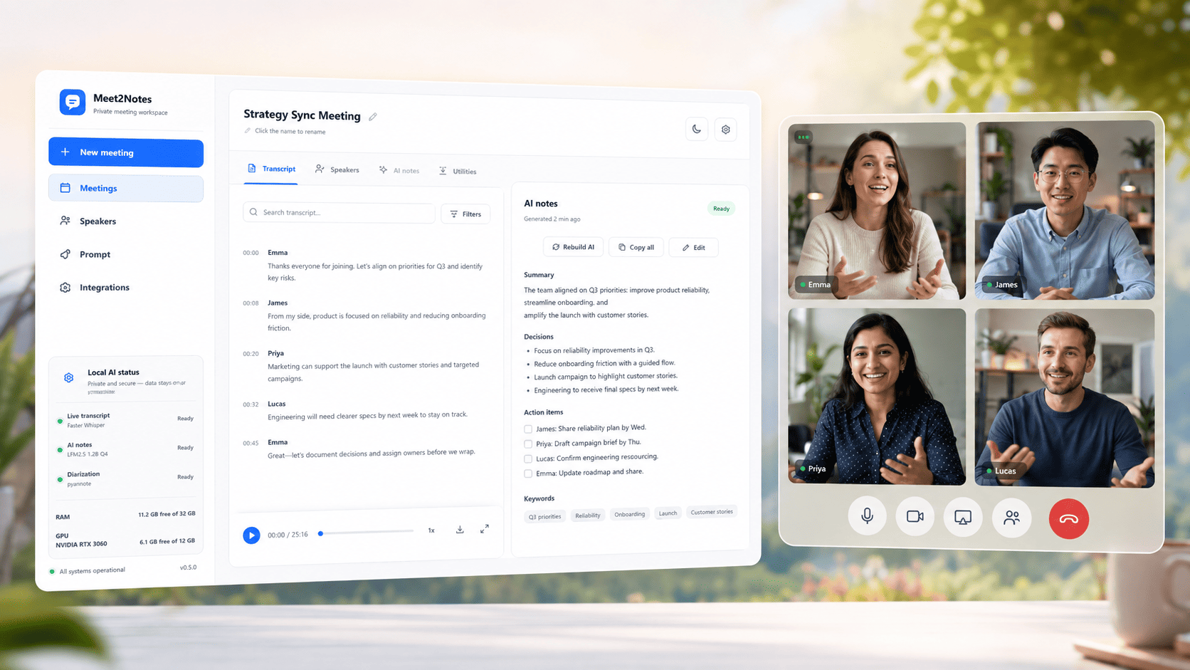 Meet2Notes workspace beside a four-person video meeting, with local transcript and AI Notes