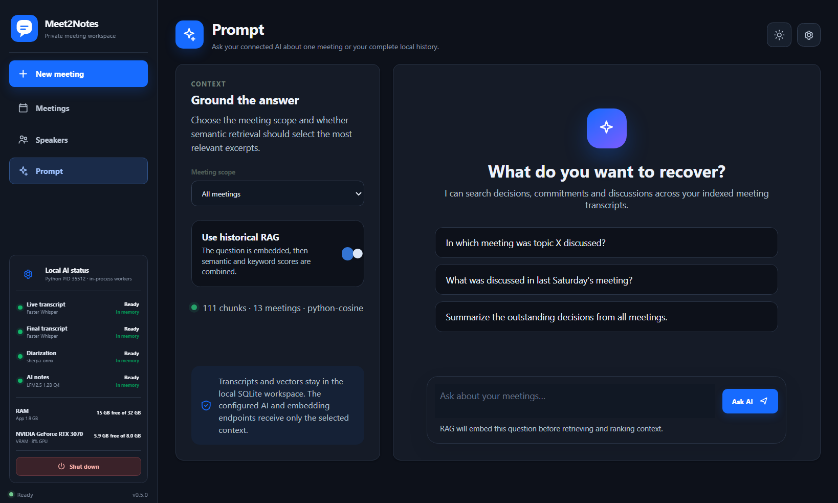 Historical RAG Prompt workspace in dark theme