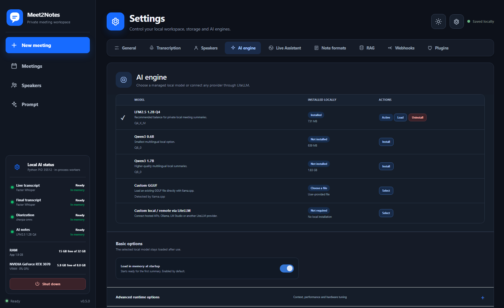 AI Engine settings in dark theme
