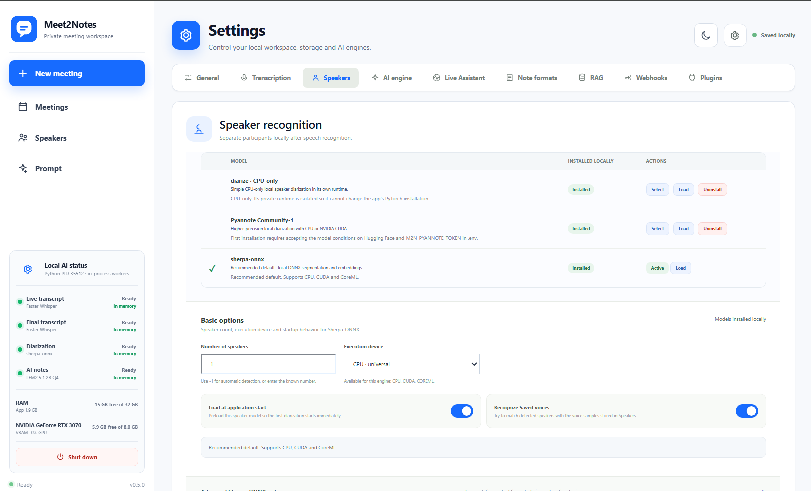 Speaker recognition settings in light theme