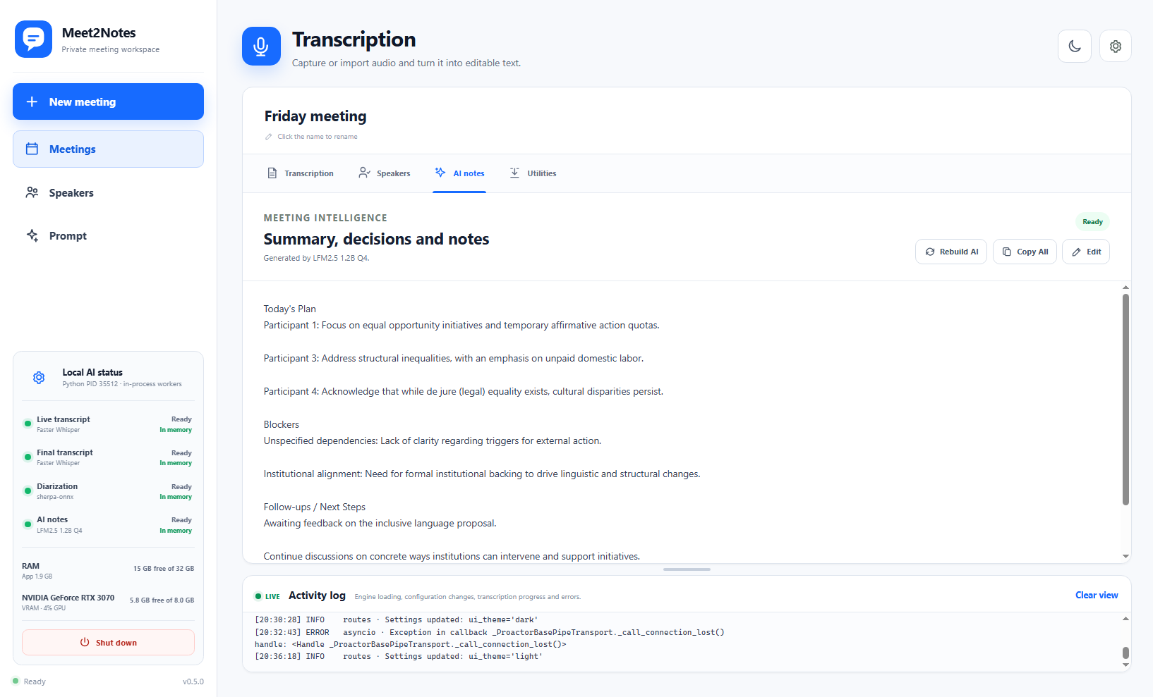AI Notes view for a completed meeting
